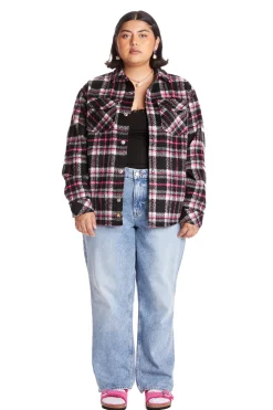 Fuzzy Plaid Snap Shacket-Teddy Fresh New