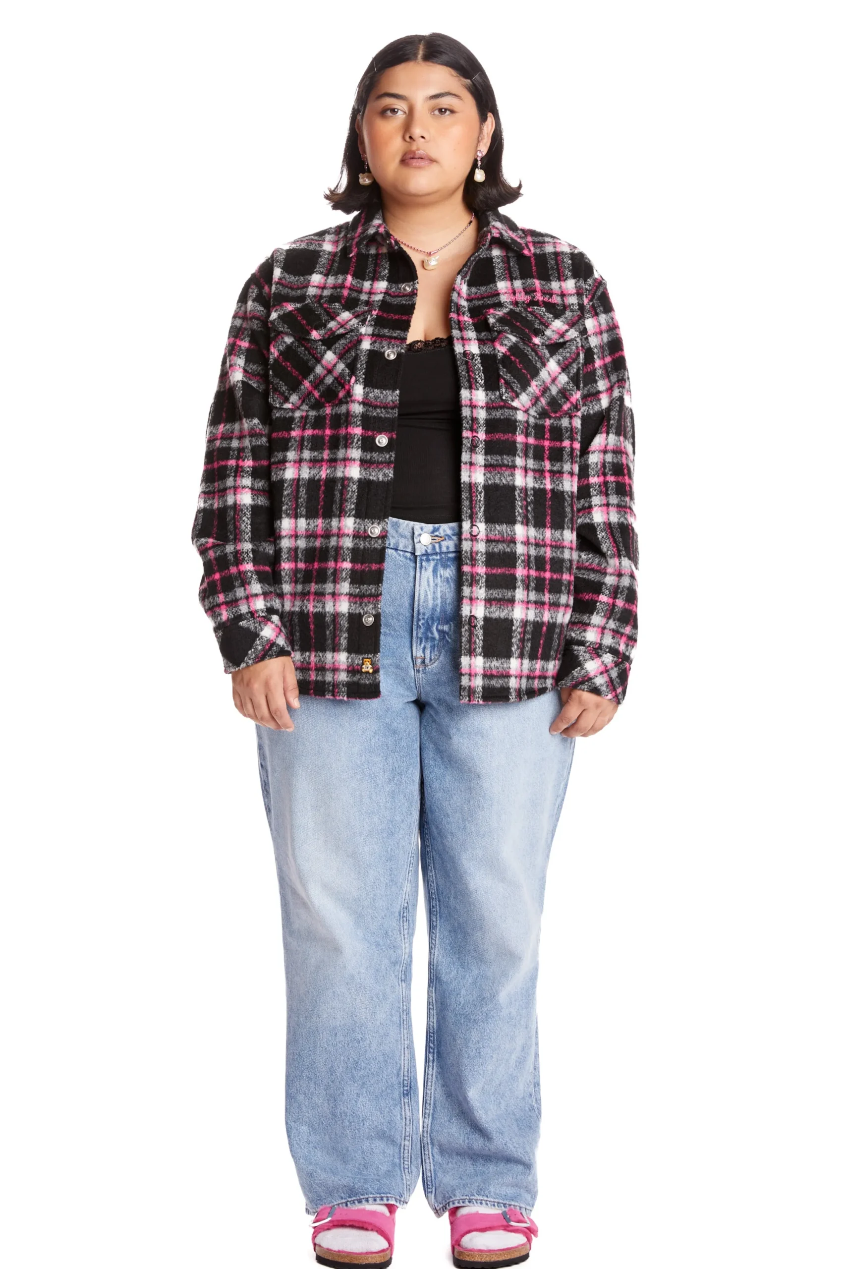 Fuzzy Plaid Snap Shacket-Teddy Fresh New