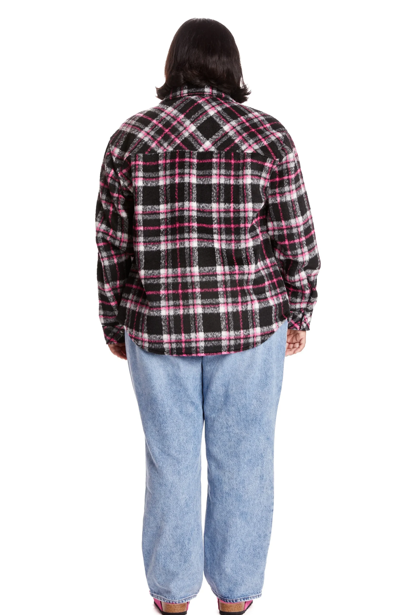 Fuzzy Plaid Snap Shacket-Teddy Fresh New
