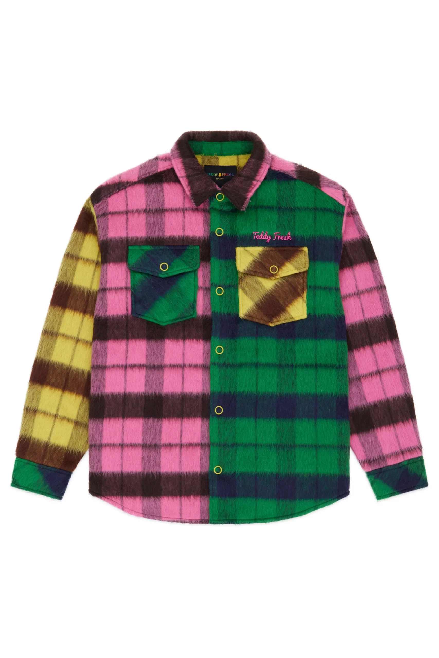 Fuzzy Plaid Snap Shacket-Teddy Fresh New