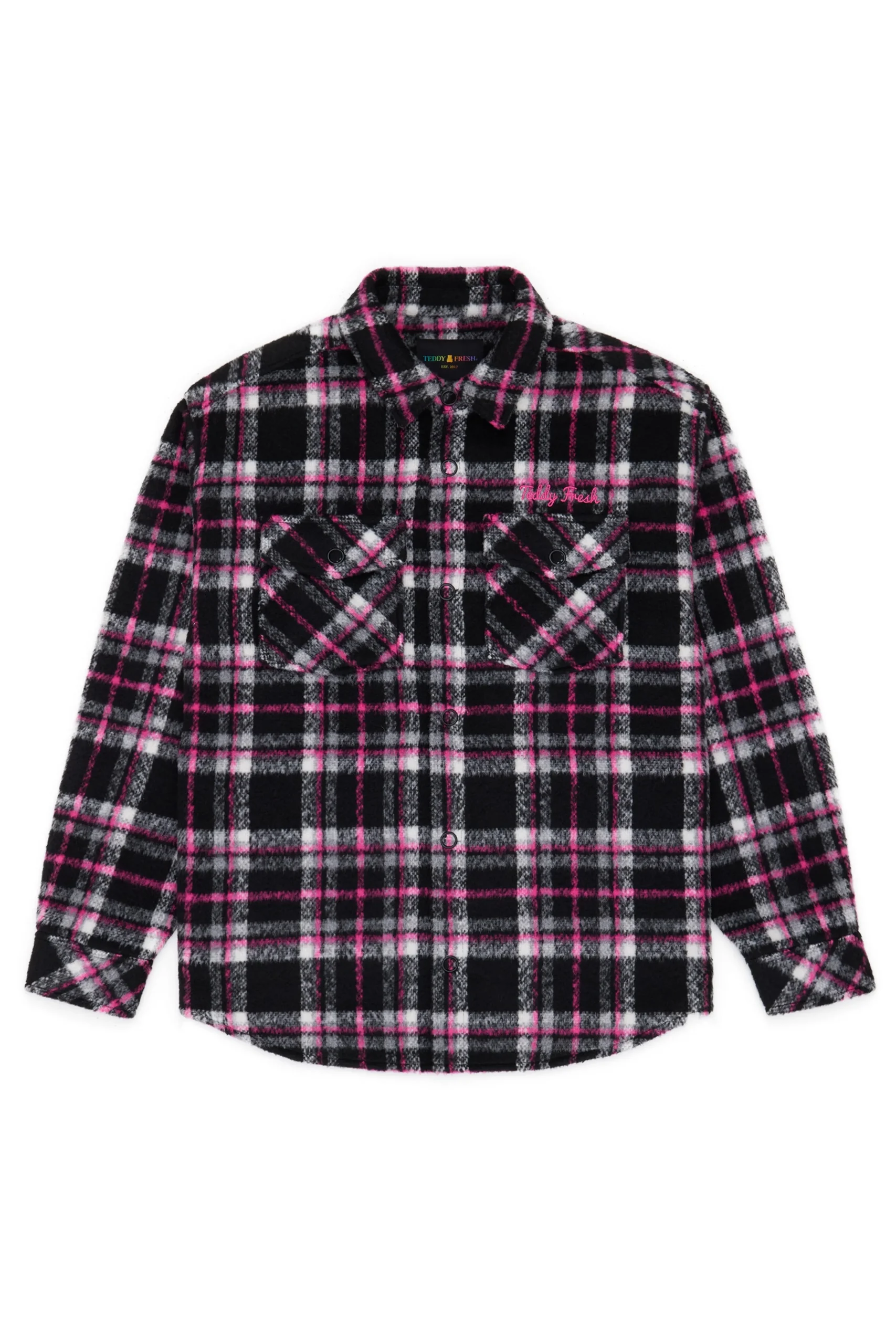 Fuzzy Plaid Snap Shacket-Teddy Fresh New